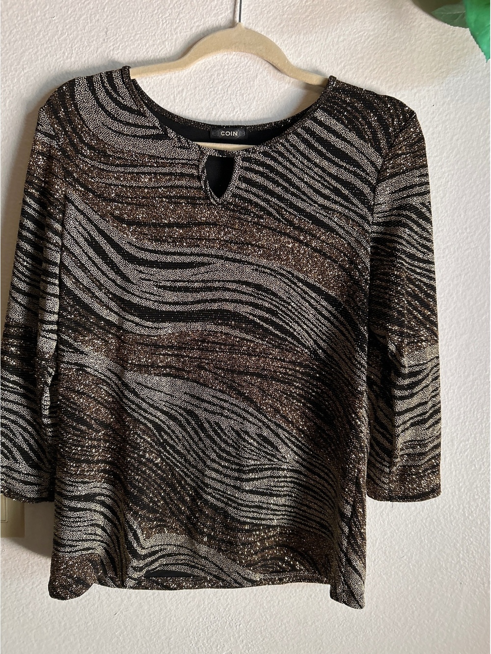 COIN Women's Metallic Zebra Print Long Sleeve Top Size L